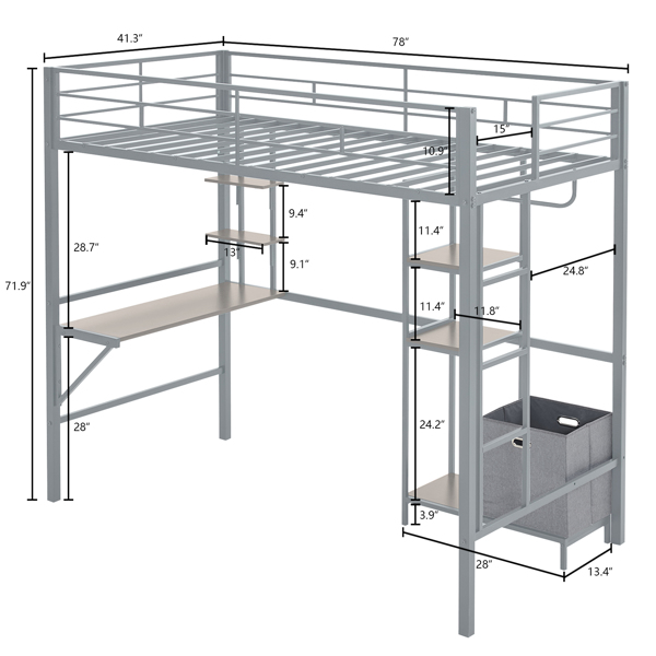 Twin Size Metal Loft Bed with Desk and Storage Shelves, Full-length Guardrails, Loft Bed Frame for Teens Juniors Adults, Noise Free, No Box Spring Needed, Grey