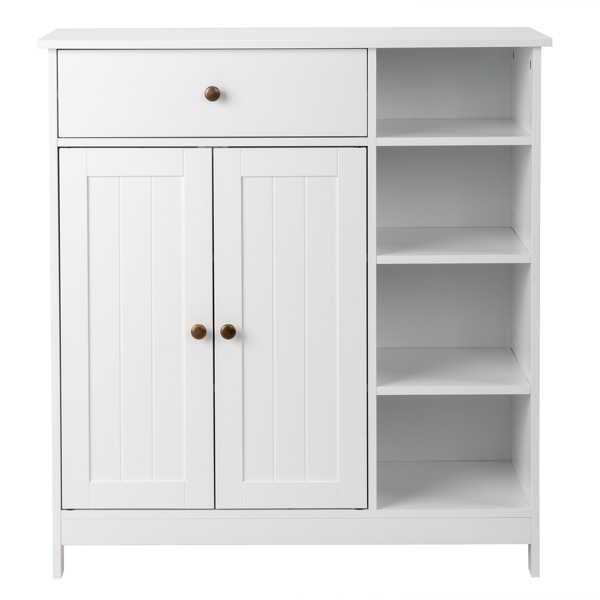 Double-Door Bathroom Cabinet with 2, Adjustable Panels, 1 Drawer and 3 Side Shelves, White 