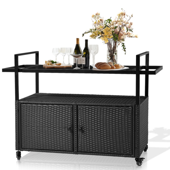 Outdoor Bar Cart Table, Large Wicker Island Rolling Cart, Wheeled Buffet Serving Cart with Glass Top & Storage Cabinet & Handles for Porch Backyard Garden Poolside, Black