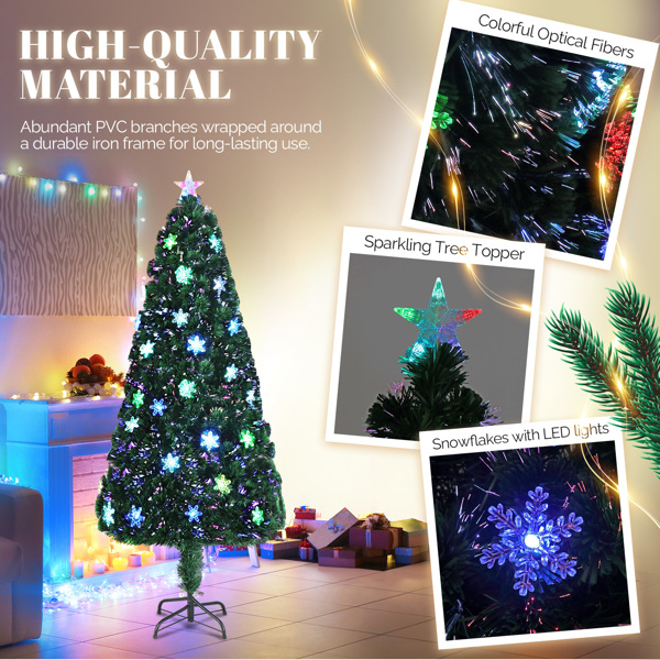 6ft Top With Star PVC Material Fiber Optic 36 Lights With Snow Flakes Colorful Discoloration 230 Branches Christmas Tree Green