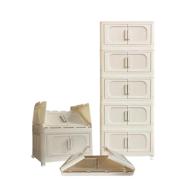 Cream White,19.69" Side Wide Folding Storage Cabinet ,5 Tiers,19.69"×11.81"×50.00",Collapsible Storage Bins with Magnetic Door, Plastic Storage Cabinet with Wheels