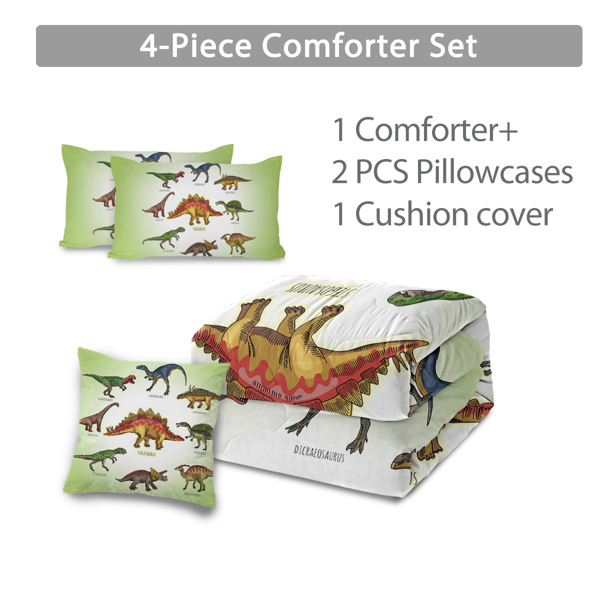 Super Soft Fade Resistant Microfiber Dinosaur Bedding Set for Girls Boys, All Season Green Dinosaur Family Print Pattern Comforter Set with 2 Pillow Cases King Size