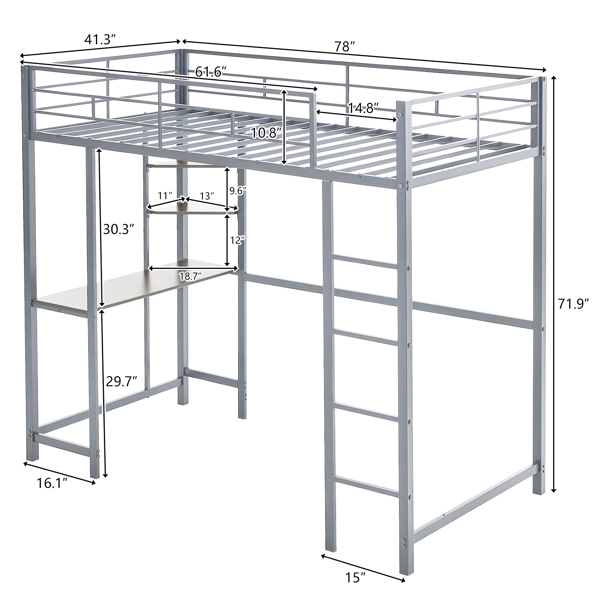 Twin Size Metal Loft Bed with Desk and Storage Shelves, 2 Built-in Ladders & Guardrails, Loft Bed Frame for Teens Juniors Adults, Noise Free, No Box Spring Needed, Grey