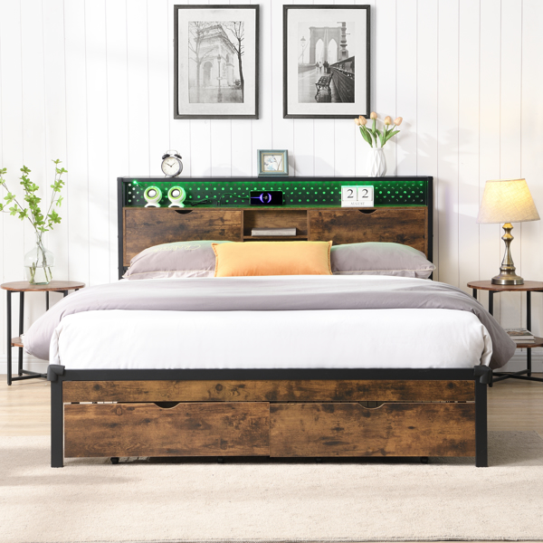 King Size Metal Platform Bed Frame with Wooden Headboard and with Footboard USB,Charging Station,2 Drawers,storage, LED Lights, No Box Spring Needed, Easy Assemble