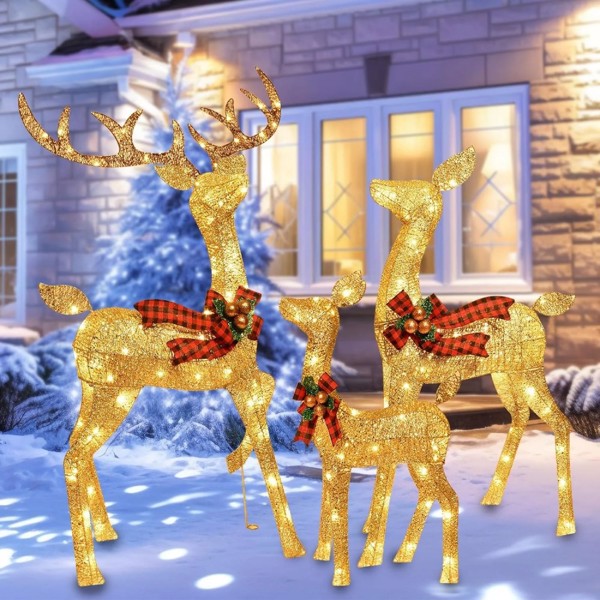 5Ft Lighted Christmas Deer 3 Set with 210 Lights, Large Outdoor Yard Reindeer Holiday Decoration,Lighted Deer Set for Indoor Christmas Decor