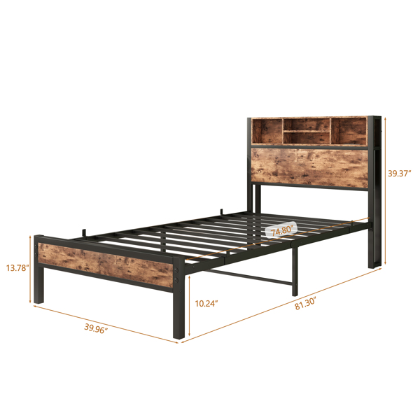 Twin Size Bed Frame with Storage Headboard, Metal Platform Bed with Charging Station,  Bookcase Storage, No Box Spring Needed, Easy Assembly