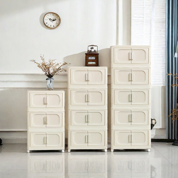 Cream White,19.69" Side Wide Folding Storage Cabinet ,5 Tiers,19.69"×11.81"×50.00",Collapsible Storage Bins with Magnetic Door, Plastic Storage Cabinet with Wheels