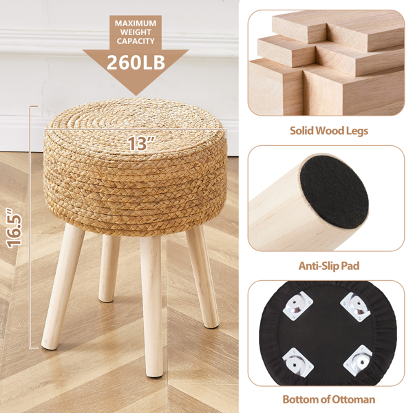 Round Ottoman Footstool Natural Seagrass Foot Stool Pouf Ottomans with Solid Wood Legs Hand Weave Hyacinth Footrest Step Stool for Living Room Balcony Garden Natural