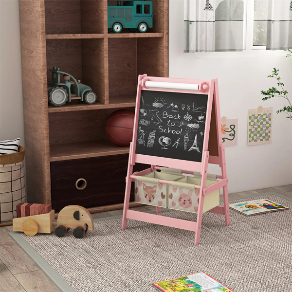 Art Easel  with Paper Roll, Blackboard, Whiteboard, Storage, Pink