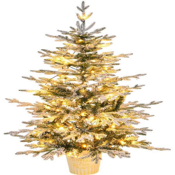 4 FT Snow Flocked Pre-lit Artificial Christmas Tree with Metal Pot Stand, Hinged Xmas Fir Tree with 120 Lights, 249 Branch Tips and Remote Control for Holiday Party Office Home, Snowy Green S001