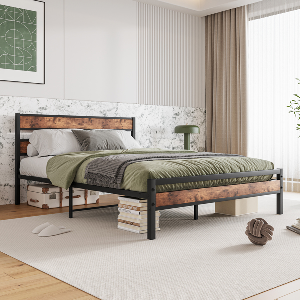 Queen Size Platform Bed Frame with Rustic Vintage Wood Headboard, Strong Metal Slats Support, No Box Spring Needed