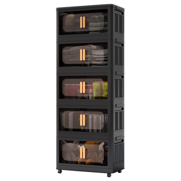 Black,19.69" Side Wide Folding Storage Cabinet ,5 Tiers,19.69"×11.81"×50.00",Collapsible Storage Bins with Magnetic Door, Plastic Storage Cabinet with Wheels