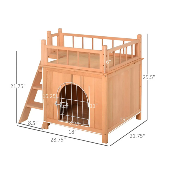  Natural Wood 2-Level Wooden Cat House with Lockable Wire Door