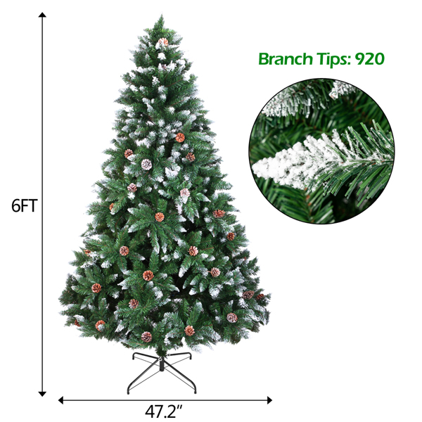 6 FT Artificial Snow Tipped Christmas Tree with DIY 100 Warm Lights Battery Operated, Hinged Xmas Pine Tree with 920 Branch Tips and 52 Pine Cones for Holiday Party Office Home, Green & Snow Tipped