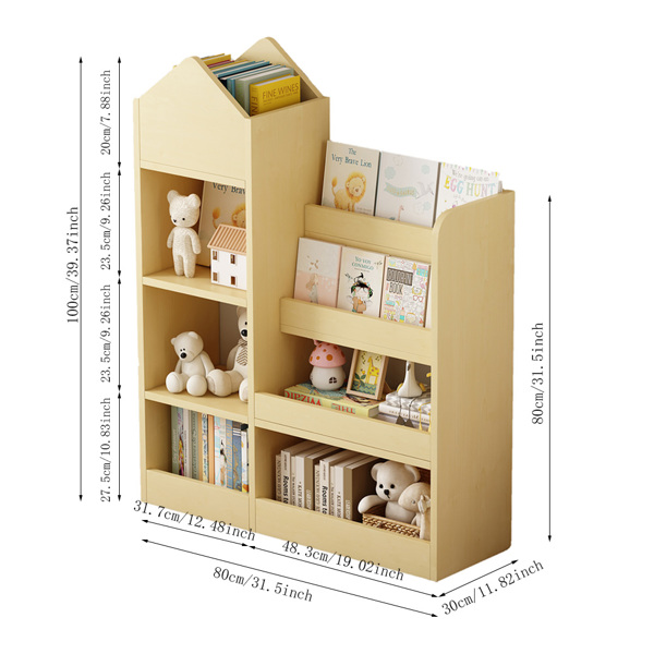 Wood Kids Wooden Bookshelf Toy Storage Organizer with Bookcase, Kid's Bin Storage Unit with 6 Compartments 2 Baskets Bins Toys Box Organizer, Children Multi Shelf Cubby for Books, Toys Shelf