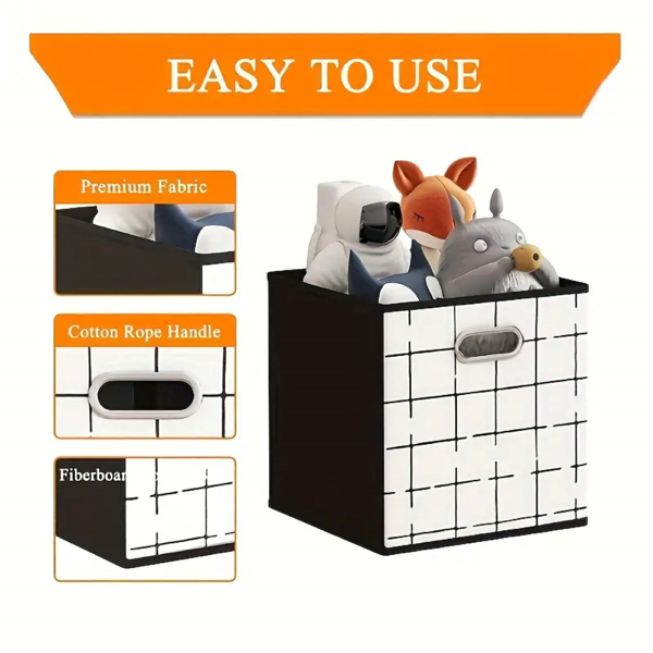 Fabric storage cube storage box, 6-piece set, strong polyester fabric, particleboard side, buckle front handle, stackable and foldable, classic design