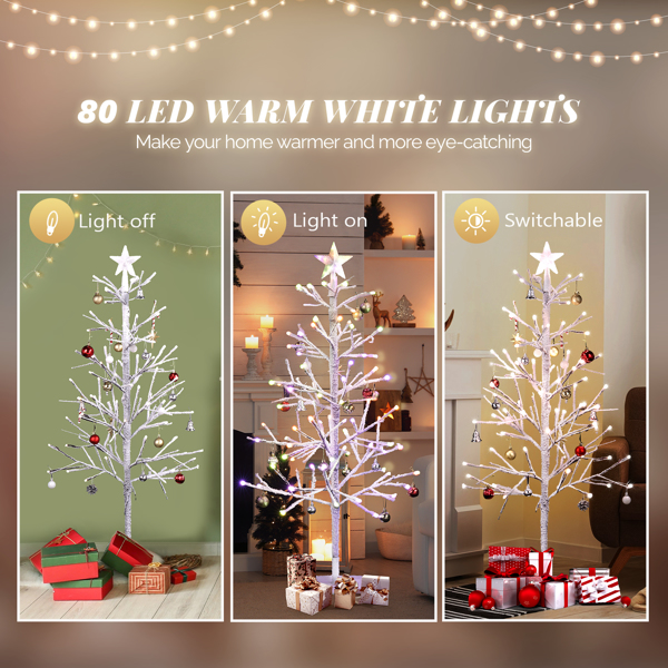 4ft With Stars On Top, Snowy Fir Shape, Plastic Material, 80 Lights, Warm Colors, Four Colors, 8 Modes With Remote Control, 80 Branches, Indoor Tree Lights, White