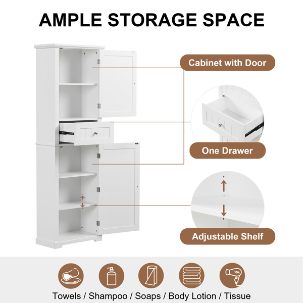 Tall Bathroom Storage Cabinet, Freestanding Storage Cabinet with Drawer and Adjustable Shelf, MDF Board with Painted Finish, White (Old Sku:WF312727AAK)