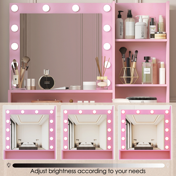 Vanity Desk with Mirror & Light, Large Drawer Three Level Storage Dresser, 3 Lighting Modes Adjustable Brightness, Bedroom Dressing Table(Pink)