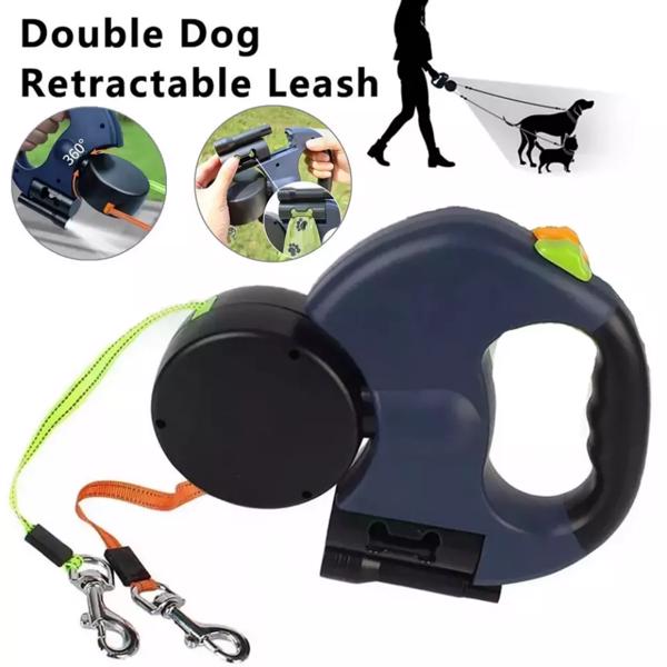 Retractable Reflective Dual Pet Leash Lead 360Swivel Double Dog Walking Leash