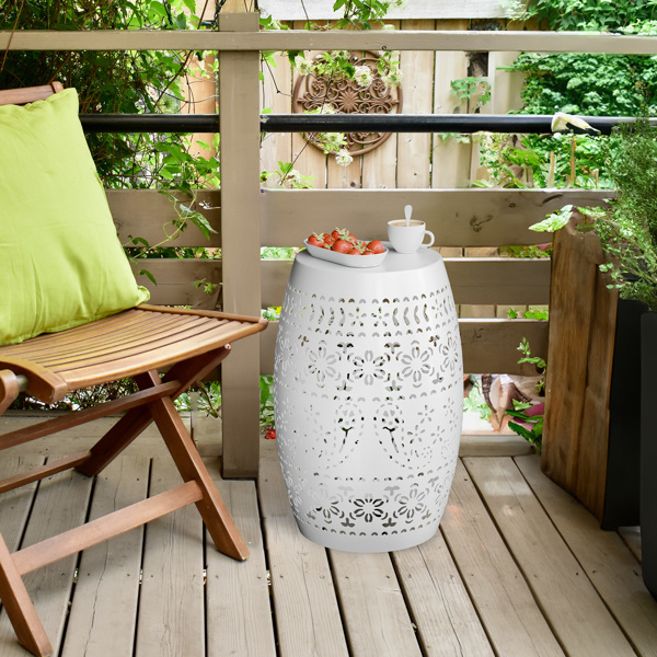 9.4" Steel Patio End Table, Round Hollow Drum Side Table, Accent Table for Indoor and Outdoor, White