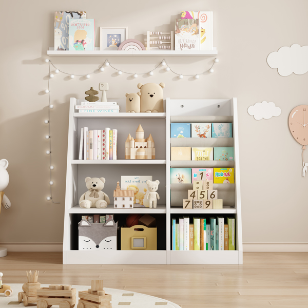 White Wooden Toy Storage Organizer Cabinet  Kids Bookshelf  Children Bookcase Toddler Baby Sling Book Rack Adjustable Shelf for Playroom Bedroom Nursery Hallway School Kindergarten Living Room