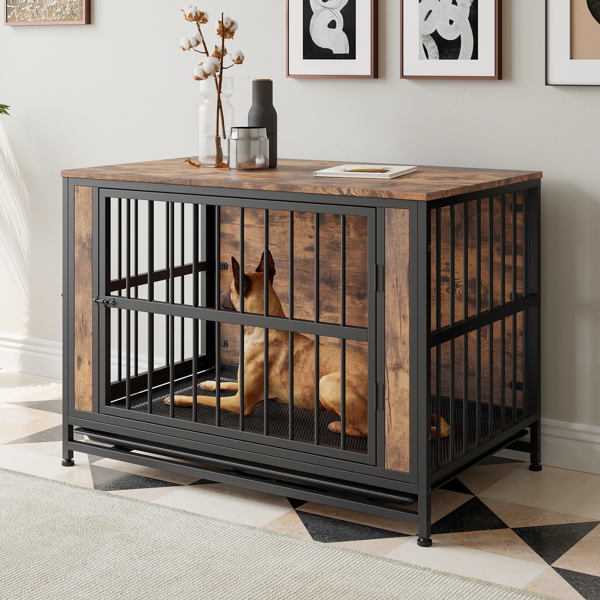 Dog Crate Furniture,  Wooden Dog Crate Table, 38.9" Dog Kennel with 2 Sliding Doors and Thick Iron Door Frame, Decorative Pet Crate House for Large/Medium/Small Dog Indoor Use(Rustic Brown)