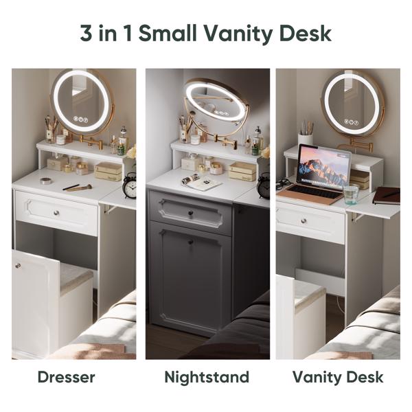 White Makeup Vanity Desk  with Round Mirror and Lights, 2 in 1 Nightstand, Dressing Table with a Chair