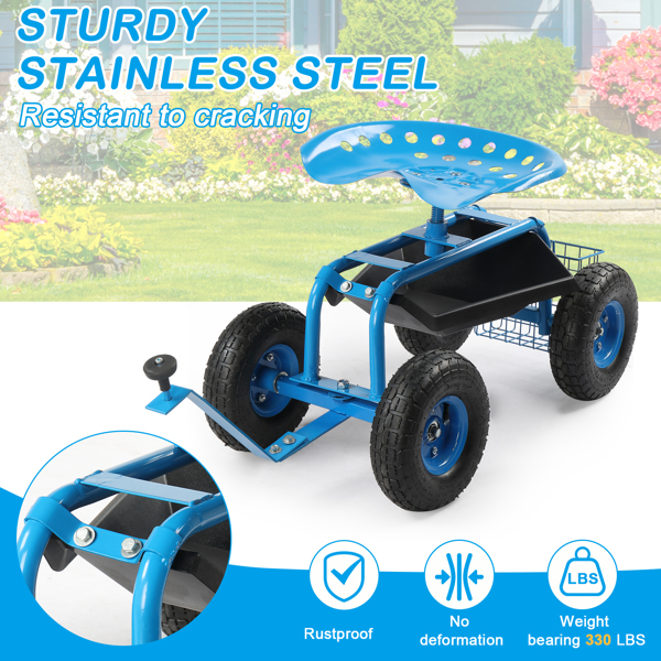 Rolling Garden Work Seat with Wheels, Gardening Stool for Planting, Garden Scooter with 360 Degree Swivel Seat & Steering Handle & Tool Tray, Blue