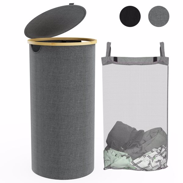 Round Laundry Basket with lid, Collapsible Laundry Hamper with Bamboo Handle, Dirty Clothes Hampers with Removable Laundry Bag Black (FBA)