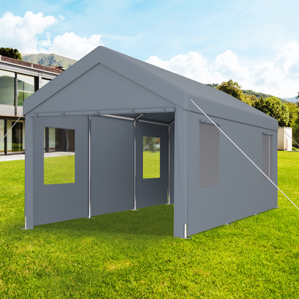 Carport 12' x 20' Portable Garage, Heavy Duty Car Port Canopy with 2 Roll-up Doors & 4 Ventilated Windows for Car, Truck, Boat, Garden Tools,grey