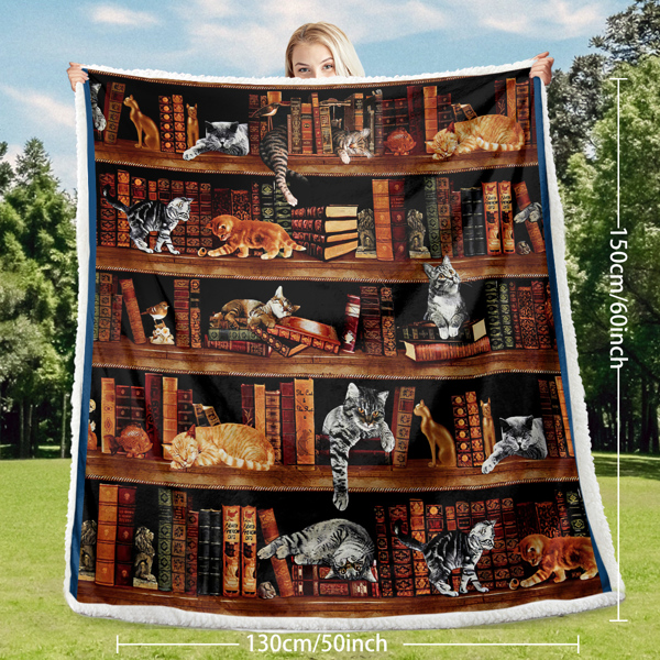 Vintage Kitten Sherpa Blanket Cat in The Bookshelf Throw Blanket Librarian Book Lover Gifts Fleece Blankets for Bed Couch Sofa 50*60 Inches