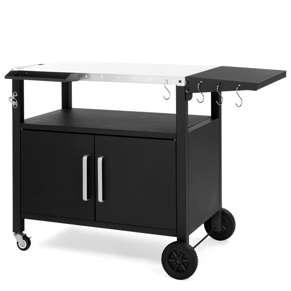 Outdoor Grill Cart with Storage, Rolling Bar Cart Movable Kitchen Island for BBQ, Patio Dining Cart Table for Food Prep with Wheels Hooks Foldable Top