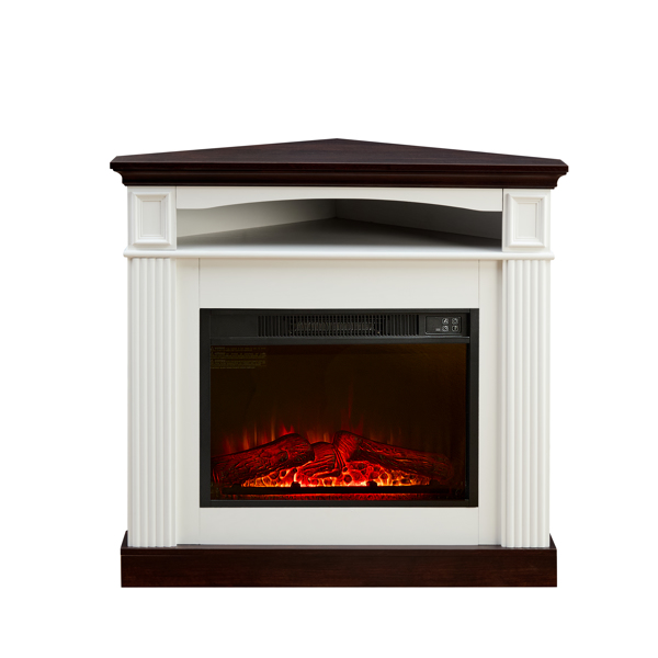 Corner electric fireplace with mantelpiece for living room or bedroom, replaceable fireplace insert heaters, realistic log and flame effects, remote control, timer