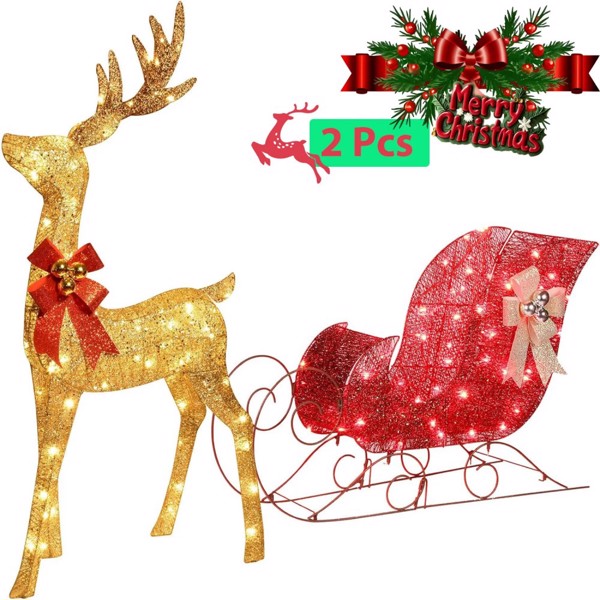 5ft 3D Pre-Lit Christmas Reindeer & Sleigh Set, Gold Glitter Holiday Yard Decoration with 150 LED Lights, 2PCS