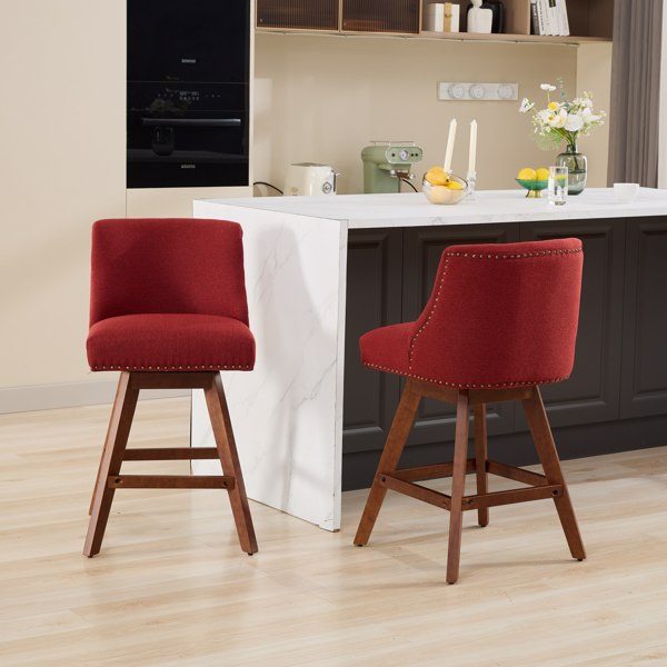 Counter Height Swivel Barstools, 26'' H Seat Height Upholstered Bar Stools Set of 2, Fabric in Wine Red