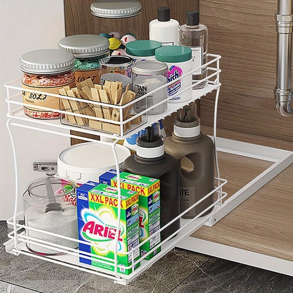 Two-tier sink organizer, pull out cabinet organizer two layers slide out of the sink cabinet organizer, kitchen and bathroom cabinet sink organizer below