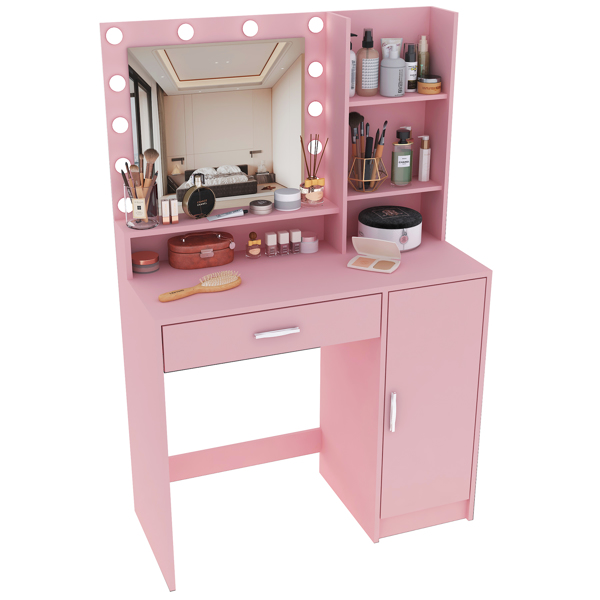 Vanity Desk with Mirror & Light, Large Drawer Three Level Storage Dresser, 3 Lighting Modes Adjustable Brightness, Bedroom Dressing Table(Pink)