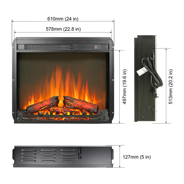 23 inch electric fireplace insert, ultra thin heater with log set & realistic flame, remote control with timer, overheating protection