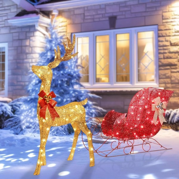 5ft 3D Pre-Lit Christmas Reindeer & Sleigh Set, Gold Glitter Holiday Yard Decoration with 150 LED Lights, 2PCS