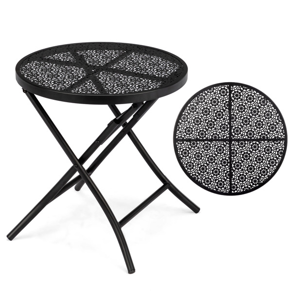 18 inch Folding Patio Side Table, Metal Steel Outdoor Round Coffee Table with Flower Cutouts for Patio Yard Balcony Garden, Black