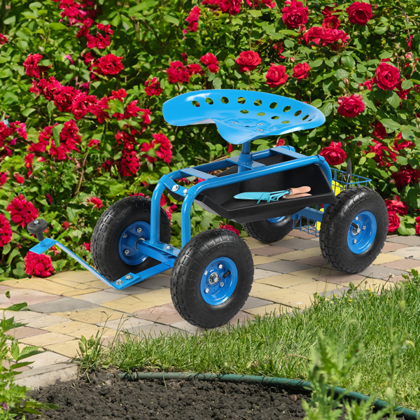 Rolling Garden Work Seat with Wheels, Gardening Stool for Planting, Garden Scooter with 360 Degree Swivel Seat & Steering Handle & Tool Tray, Blue