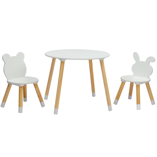 Kids Wood Table and Chairs Set, Toddler Play Table with 2 Chairs, 3 Pieces Children Multi-Activity Round Table for Play Art Craft Reading Learing Eating, White