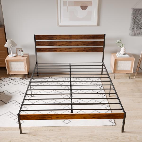 Iron Platform Bed Frame with Rustic Wood Headboard & Footboard (Queen Size) - Brown