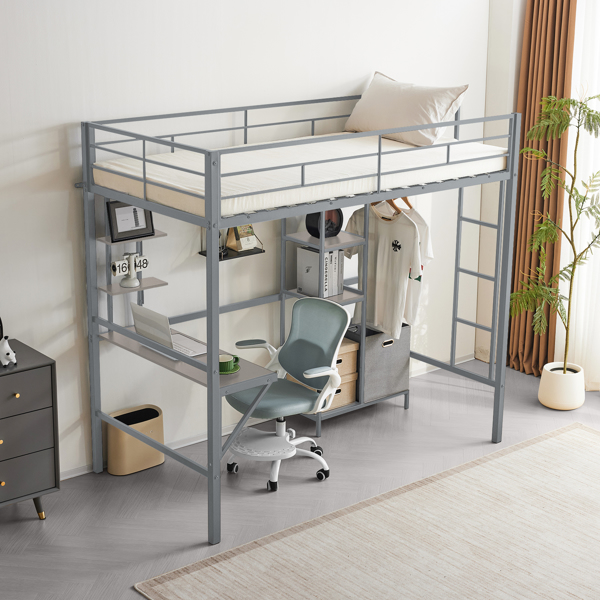 Twin Size Metal Loft Bed with Desk and Storage Shelves, Full-length Guardrails, Loft Bed Frame for Teens Juniors Adults, Noise Free, No Box Spring Needed, Grey