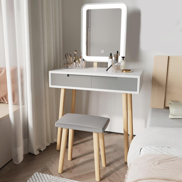 Vanity Table Set with Adjustable Brightness Mirror and Cushioned Stool, Dressing Table Vanity Makeup Table with Free Make-up Organizer（ video provided ）