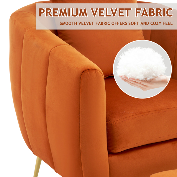 Velvet Accent Chair Set Barrel Chair with Ottoman Modern Club Chair Reading Armchair with Lumbar Pillow for Living Room, Bedroom, Study Room, Home Office Burnt orange