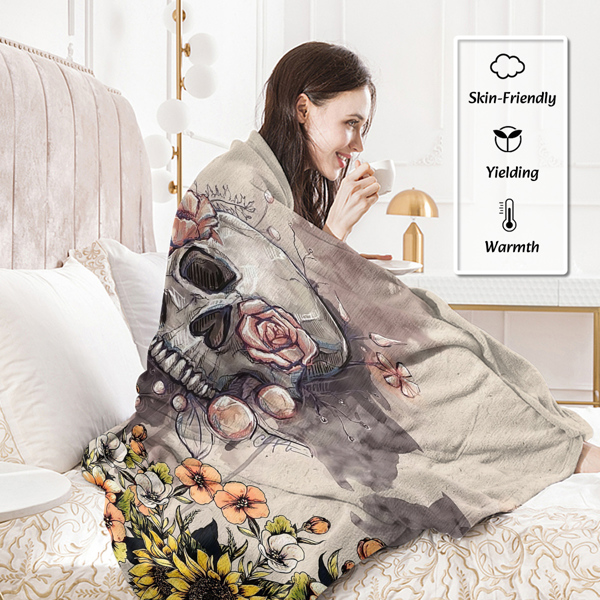 Rustic Skull Sunflower Flannel Fleece Blanket Floral Skull Flannel Soft Plush Throw Blanket Cozy Blankets for Bed Chair Car Sofa Couch Bedroom 75*100cm