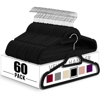 Velvet Hangers - 60PCS Black Space-saving & Non-slip. with Tie Bar and Shoulder Notch. Highly Durable for Suits, Coats, Shirts, Pants and Dresses. Slim Design with 360° Swivel Hook. 