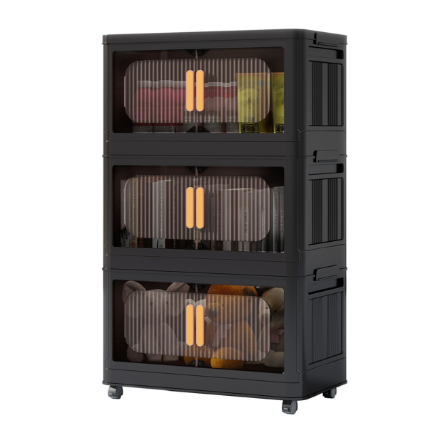 Black,19.69" Side Wide Folding Storage Cabinet ,3 Tiers,19.69"×11.81"×31.10",Collapsible Storage Bins with Magnetic Door, Plastic Storage Cabinet with Wheels